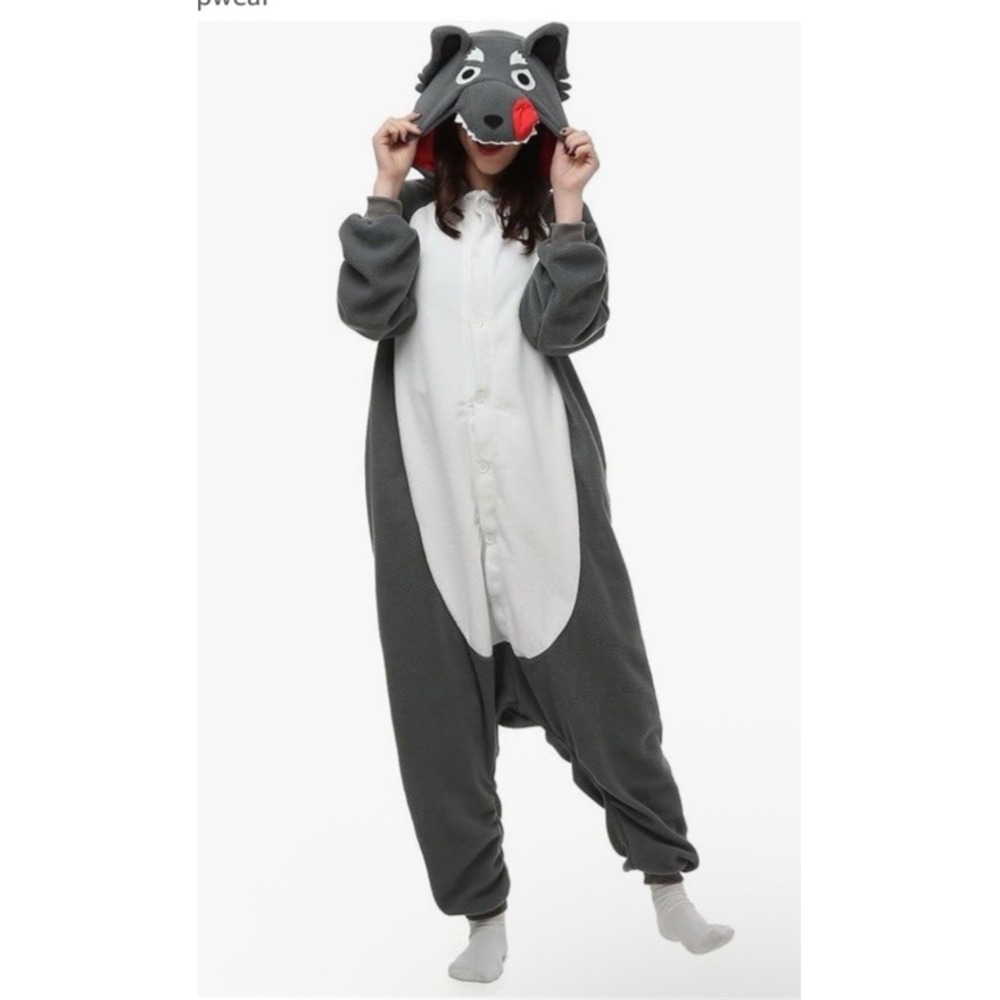 Gray Wolf Monster Pajamas Costume Hooded Jumpsuit Halloween Adult Size XL NEW